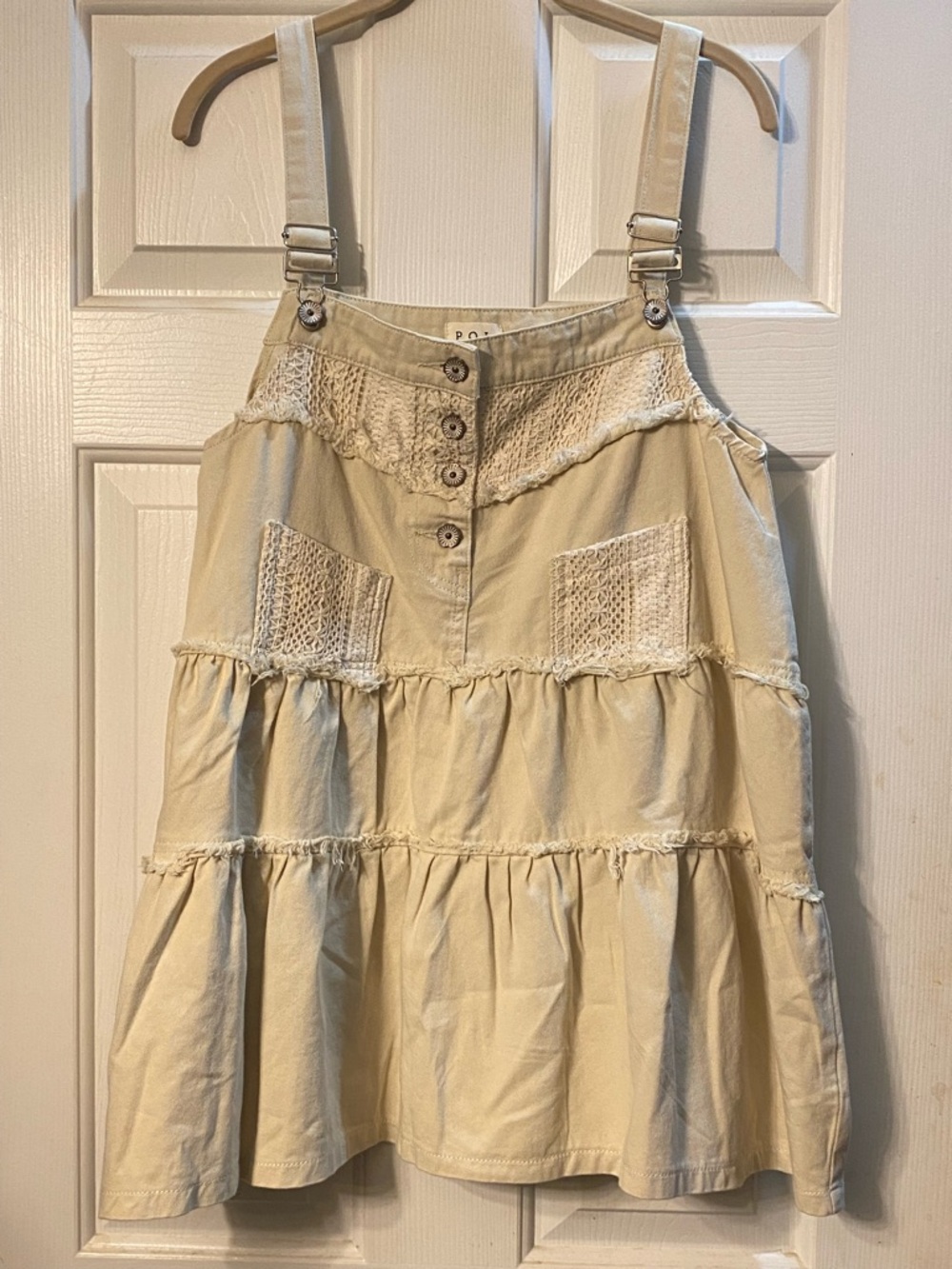 POL Cream Tiered A-Line Crochet Pocket Skirt/ dress/ overalls
